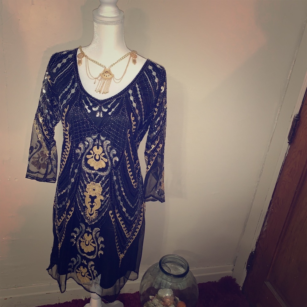 Black dress with gold and silver pattern